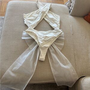 Meshki White Wrap Swimsuit with detachable bow